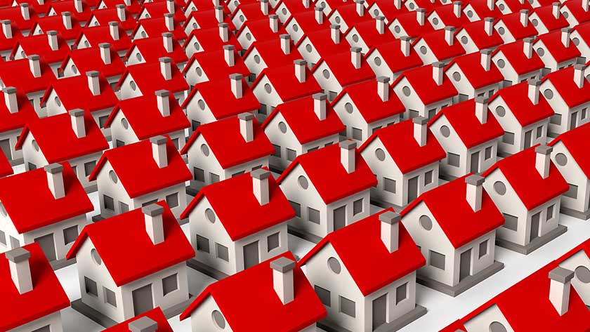 Grafik mit zahlreichen gleichen Häusern mit rotem Dach als Symbol für die große Menge an Menschen, welche eine Grundsteuererklärung benötigt